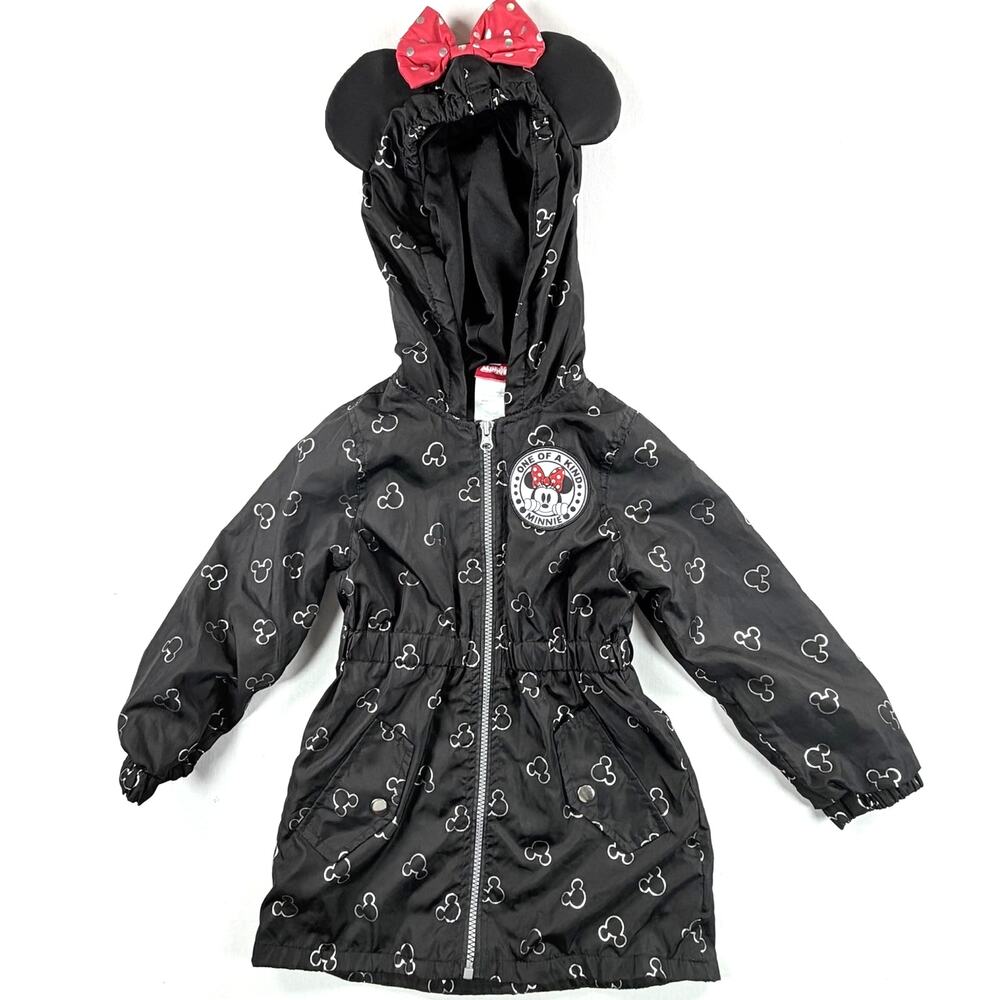 Disney Junior Minnie Mouse Girl’s Black Zipper Front Hooded Rain Jacket Size 5
